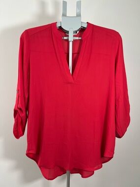 Lush Coral V-Neck Roll-Tab Blouse